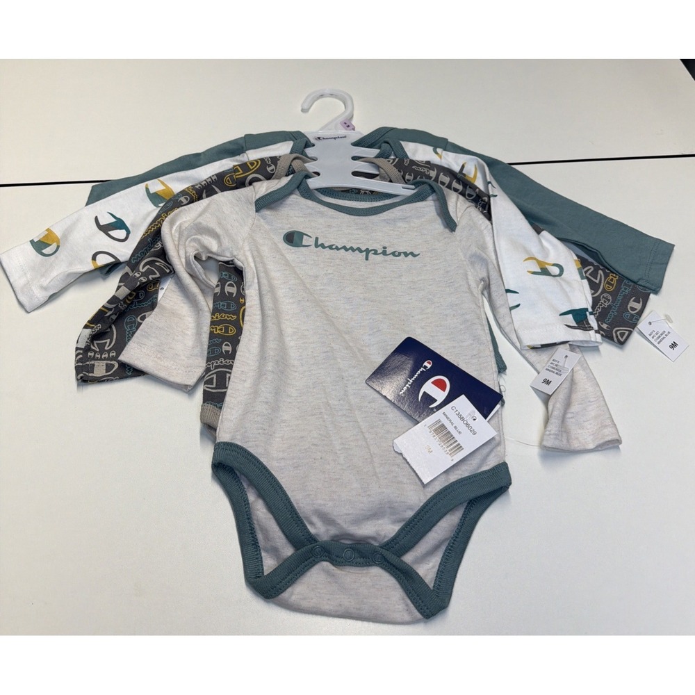 NWT 4 Pc Champion Baby Boy Bodysuit Set 9M Mineral Blue‎ Green Multicolors Logo